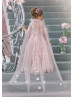 Beaded Pink Eyelash Lace Satin Flower Girl Dress With Cape Beaded Pink Eyelash Lace Satin Flower Girl Dress With Cape